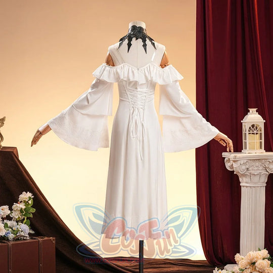 La Signora cosplay costume gathers lace trim on wide bell sleeves and centers a corset lacing along the back of the dress.