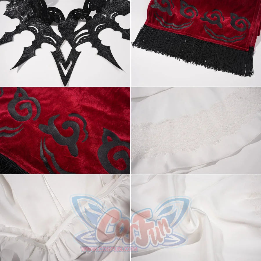La Signora cosplay costume showcases intricate black faux leather textures velvet fringe shawls and delicate white lace.