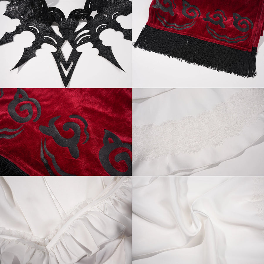 La Signora cosplay costume showcases intricate black faux leather textures velvet fringe shawls and delicate white lace.