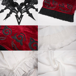 La Signora cosplay costume showcases intricate black faux leather textures velvet fringe shawls and delicate white lace.
