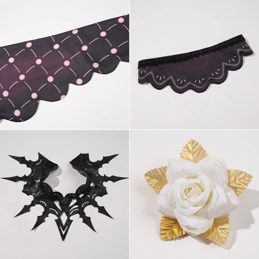 La Signora cosplay costume sets intricate fabric scalloped borders with a detailed faux leather neck piece and floral decor.