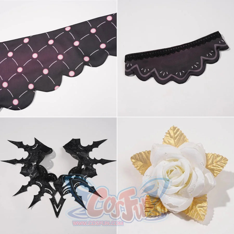 La Signora cosplay costume sets intricate fabric scalloped borders with a detailed faux leather neck piece and floral decor.