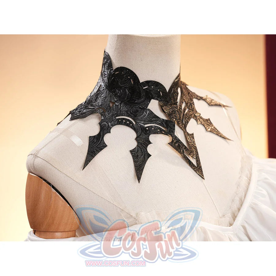 La Signora cosplay costume frames the neck with an ornate black faux leather accessory pairing decorative etched patterns.
