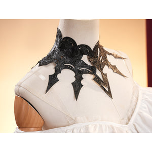 La Signora cosplay costume frames the neck with an ornate black faux leather accessory pairing decorative etched patterns.