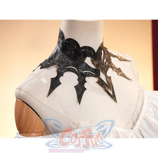 La Signora cosplay costume frames the neck with an ornate black faux leather accessory pairing decorative etched patterns.