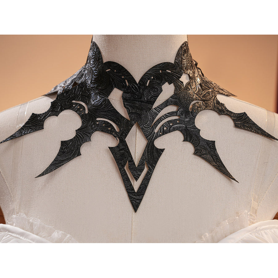 La Signora cosplay costume frames the neckline with an intricate black faux leather piece pairing ornate floral patterns.