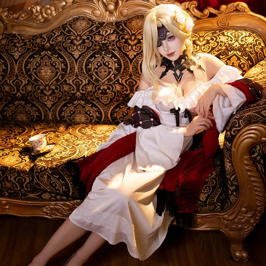 COSFUN La Signora cosplay costume gathers elegant white ruffles with a red velvet shawl and an intricate black neck piece.