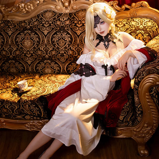 COSFUN La Signora cosplay costume gathers elegant white ruffles with a red velvet shawl and an intricate black neck piece.