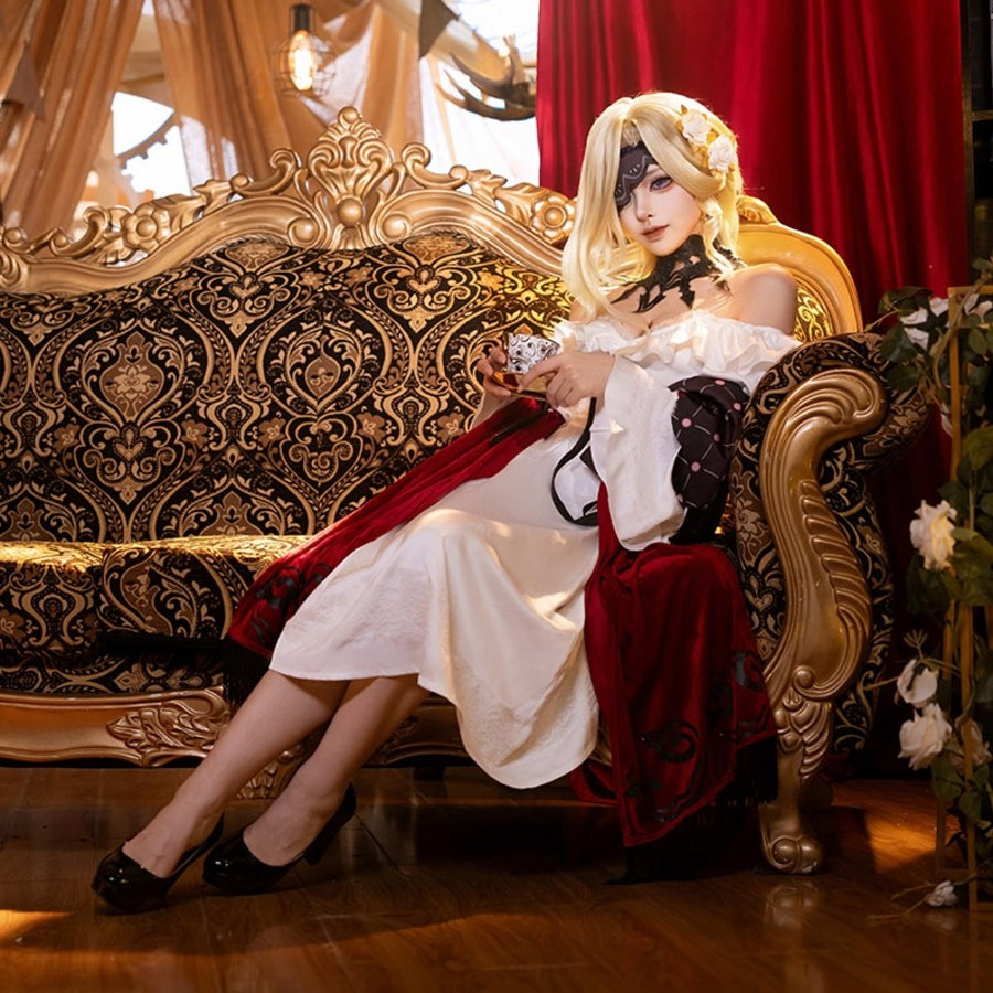 La Signora cosplay costume gathers acetate satin layers and velvet shawls with an eye mask for a complete formal ensemble.