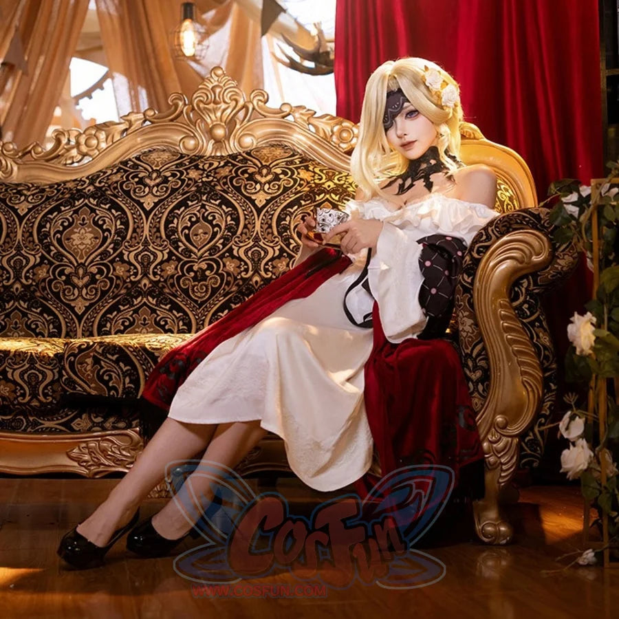 La Signora cosplay costume gathers acetate satin layers and velvet shawls with an eye mask for a complete formal ensemble.