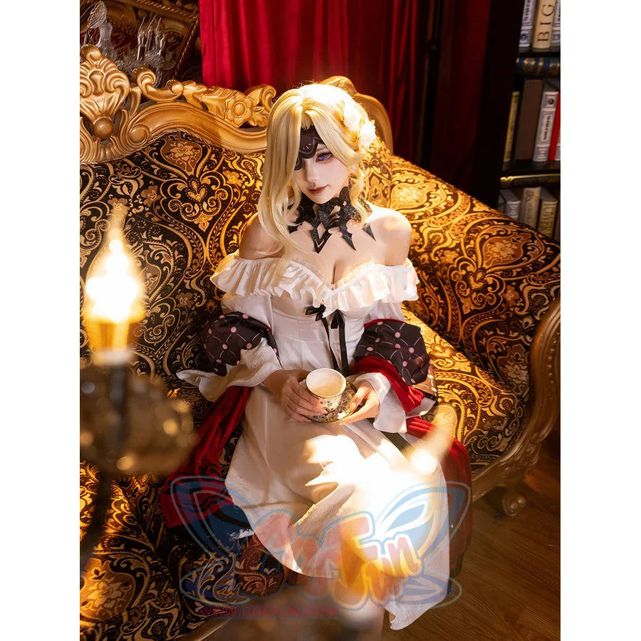 La Signora cosplay costume frames the white ruffled dress with a red shawl and ornate black neck accessory and eye mask.