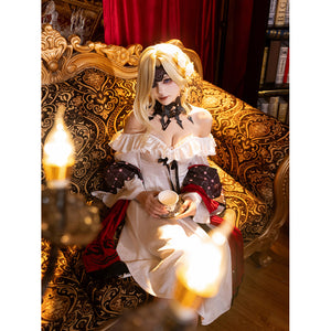 La Signora cosplay costume frames the white ruffled dress with a red shawl and ornate black neck accessory and eye mask.
