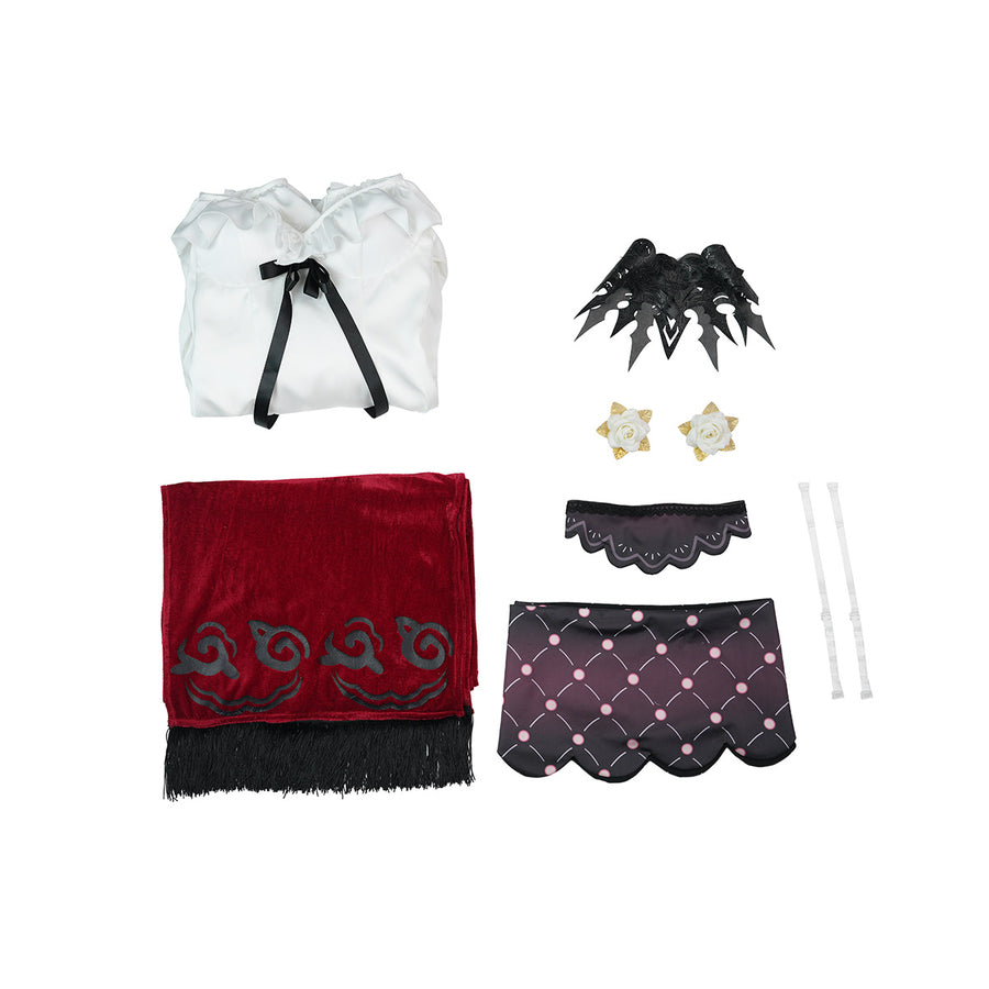 La Signora cosplay costume gathers ruffled white top with red velvet shawl and floral accessories for a complete set.