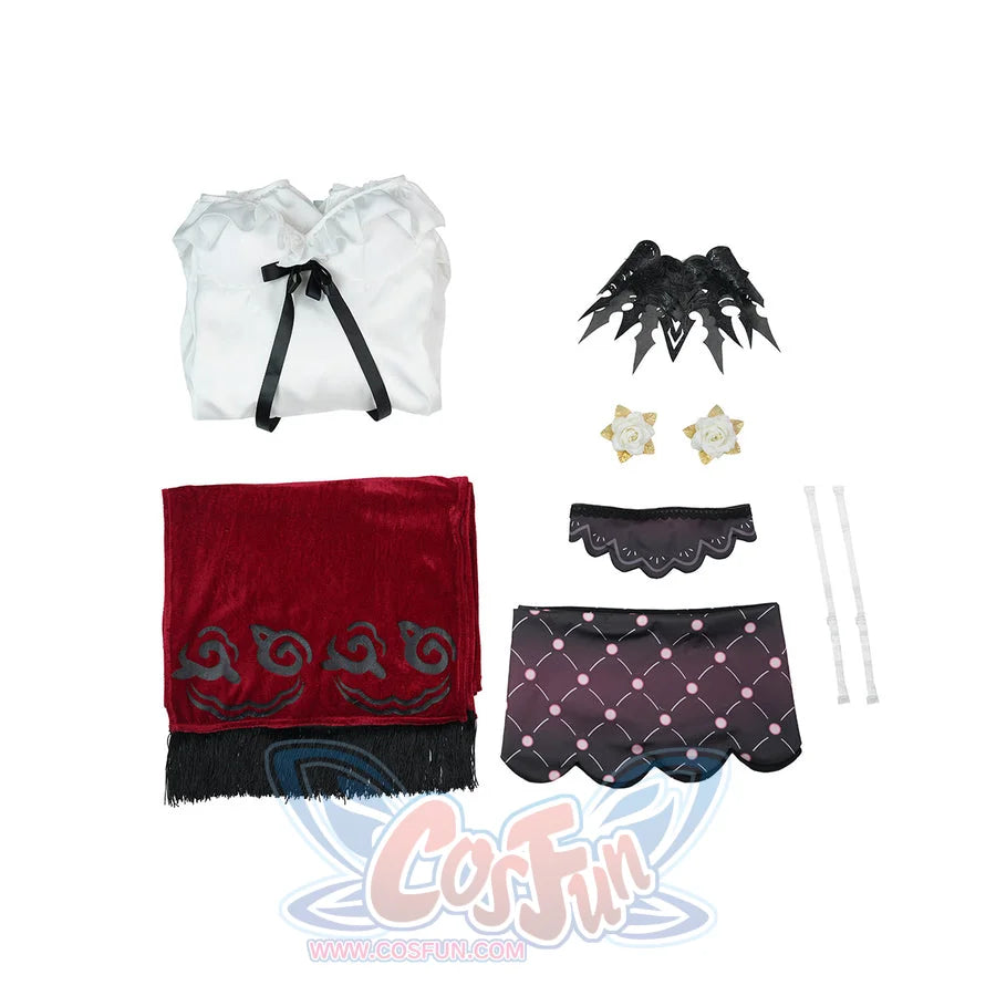 La Signora cosplay costume gathers ruffled white top with red velvet shawl and floral accessories for a complete set.