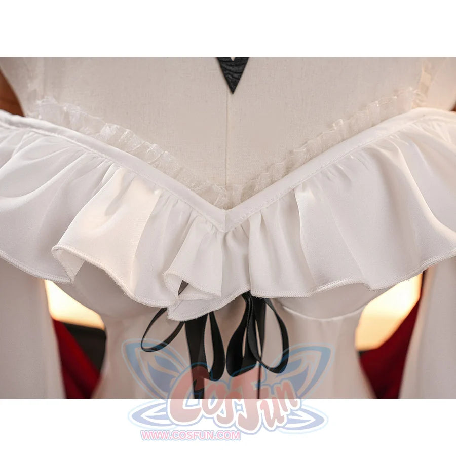 La Signora cosplay costume frames the neckline with delicate white ruffled acetate satin and elegant black ribbon ties.