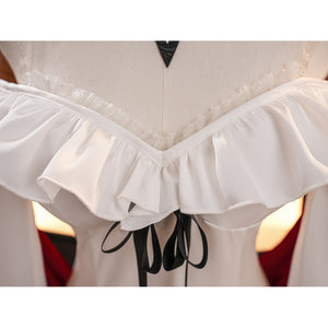 La Signora cosplay costume frames the neckline with delicate white ruffled acetate satin and elegant black ribbon ties.