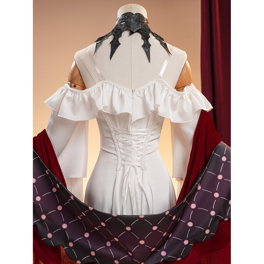 La Signora cosplay costume frames a white ruffled dress with a lace-up back and elegant faux leather neck accessory detail.