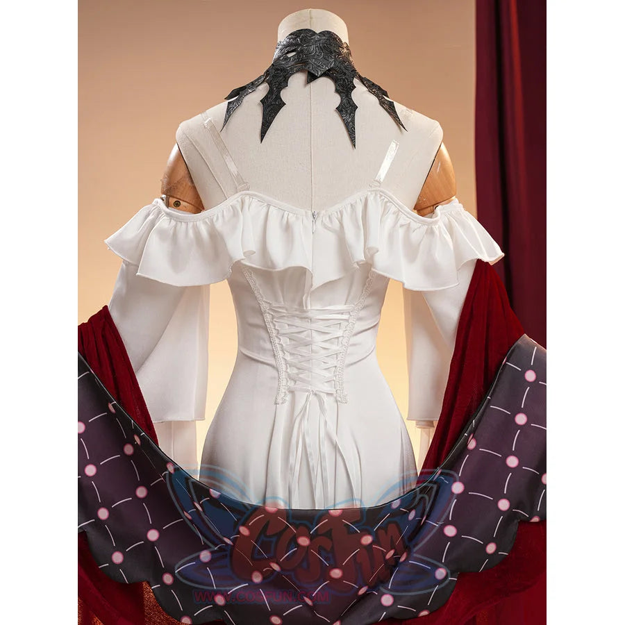 La Signora cosplay costume frames a white ruffled dress with a lace-up back and elegant faux leather neck accessory detail.