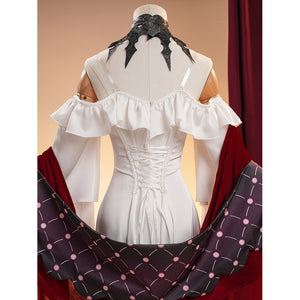 La Signora cosplay costume frames a white ruffled dress with a lace-up back and elegant faux leather neck accessory detail.