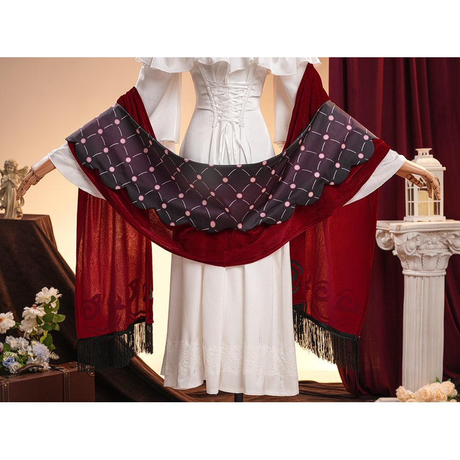 La Signora cosplay costume drapes a velvet red shawl over a long white dress while showcasing black patterned fabric details.