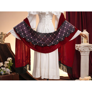 La Signora cosplay costume drapes a velvet red shawl over a long white dress while showcasing black patterned fabric details.