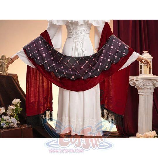 La Signora cosplay costume drapes a velvet red shawl over a long white dress while showcasing black patterned fabric details.
