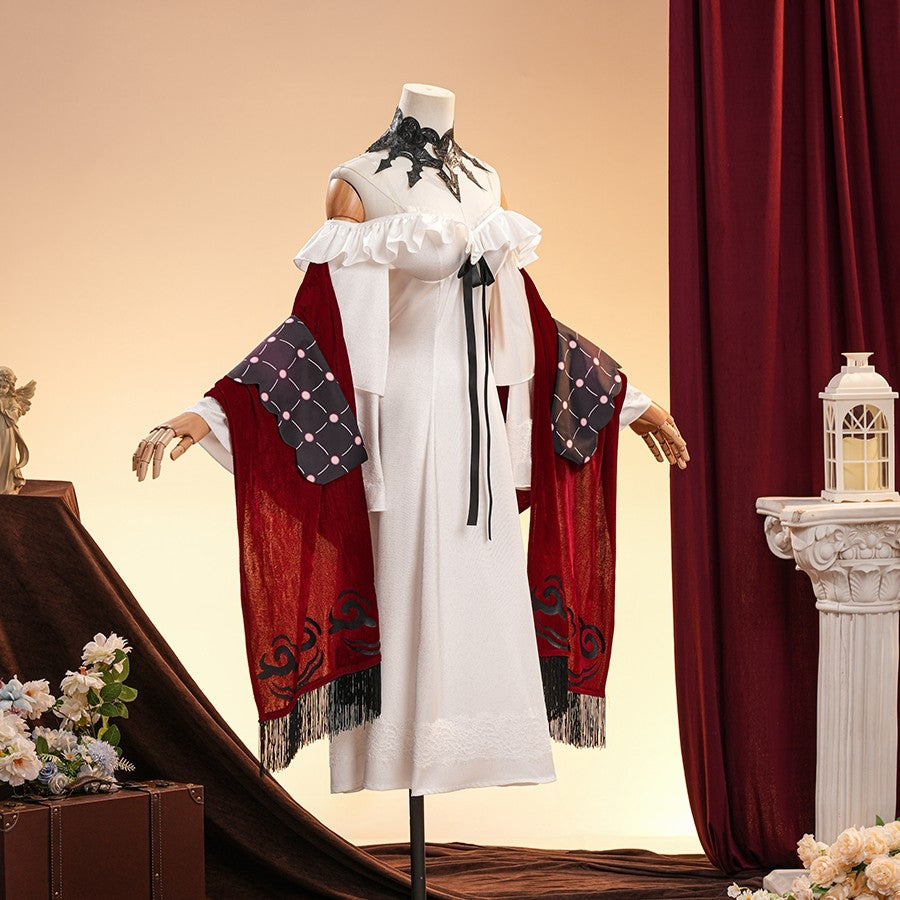 La Signora cosplay costume layers an off-shoulder white dress with deep red velvet shawls and intricate black lace trim.