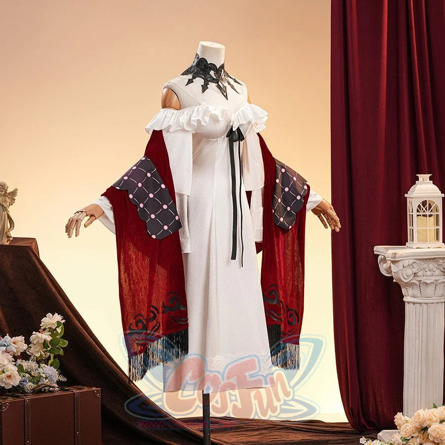 La Signora cosplay costume layers an off-shoulder white dress with deep red velvet shawls and intricate black lace trim.