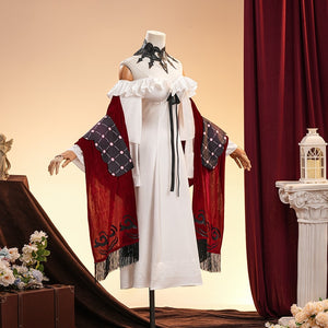 La Signora cosplay costume layers an off-shoulder white dress with deep red velvet shawls and intricate black lace trim.