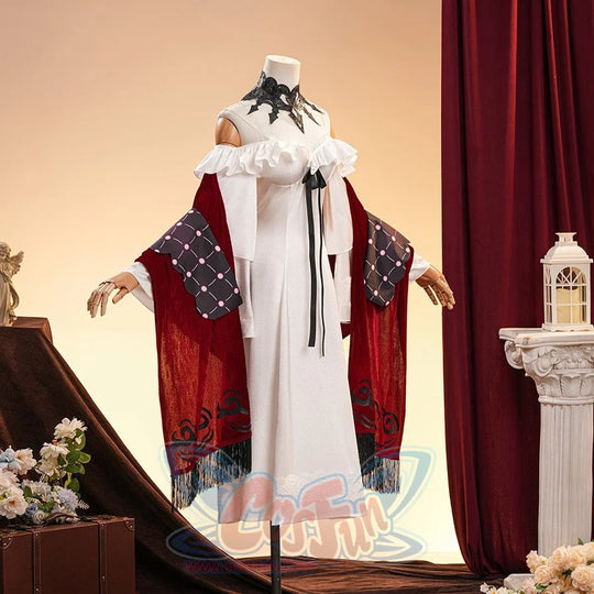La Signora cosplay costume layers an off-shoulder white dress with deep red velvet shawls and intricate black lace trim.