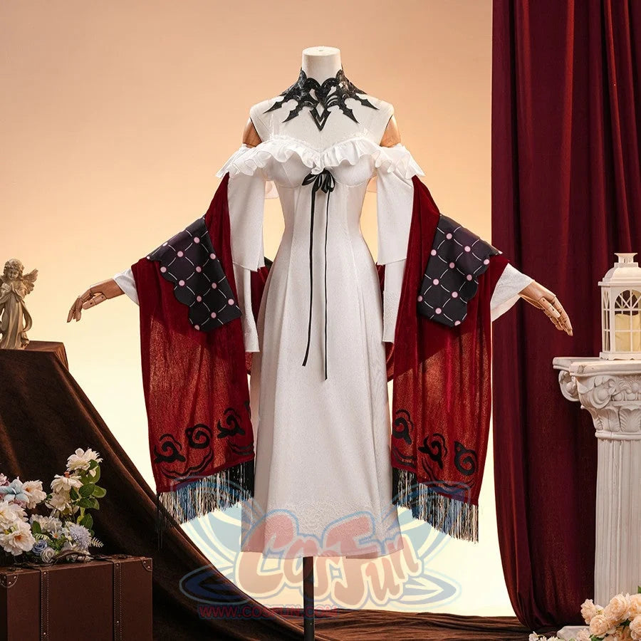 COSFUN La Signora cosplay costume gathers elegant white ruffles with a red velvet shawl and an intricate black neck piece.