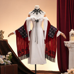 La Signora cosplay costume gathers velvet textures and draped red shawls with a lace neck accessory and ruffled bodice.