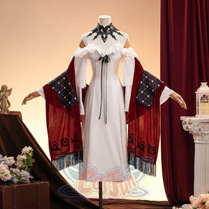 La Signora cosplay costume gathers velvet textures and draped red shawls with a lace neck accessory and ruffled bodice.