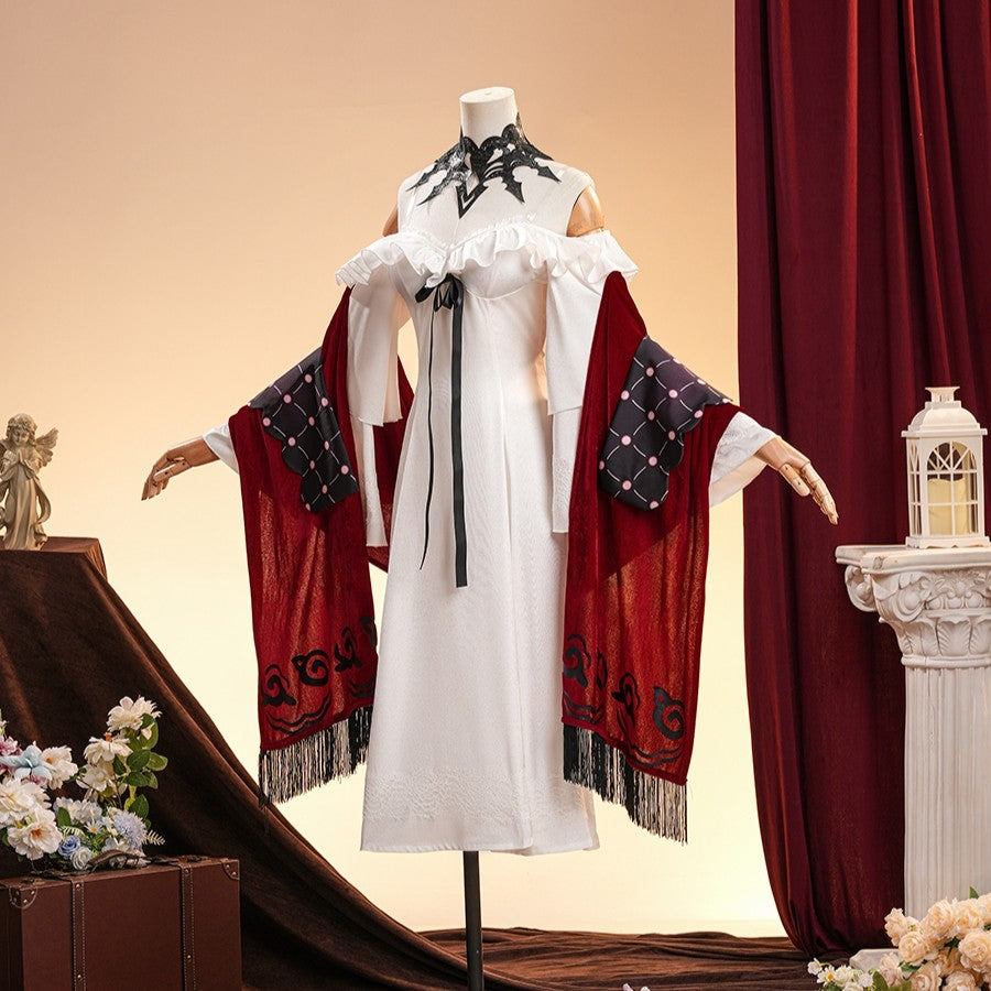 La Signora cosplay costume gathers a ruffled white dress with ornate velvet shawls and intricate black neck accessory pieces.