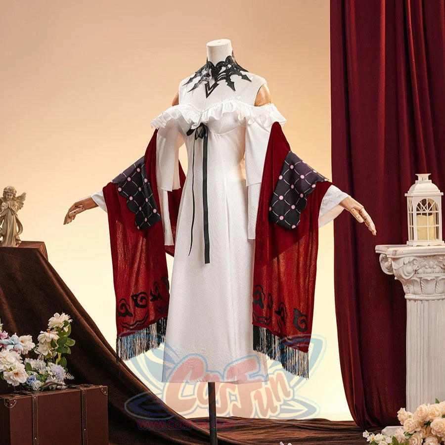 La Signora cosplay costume gathers a ruffled white dress with ornate velvet shawls and intricate black neck accessory pieces.