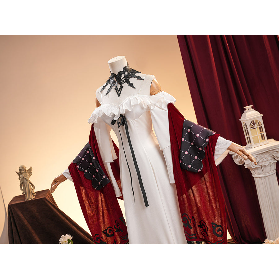 La Signora cosplay costume gathers a white ruffled dress with a black neck accessory and drapes red velvet patterned shawls.