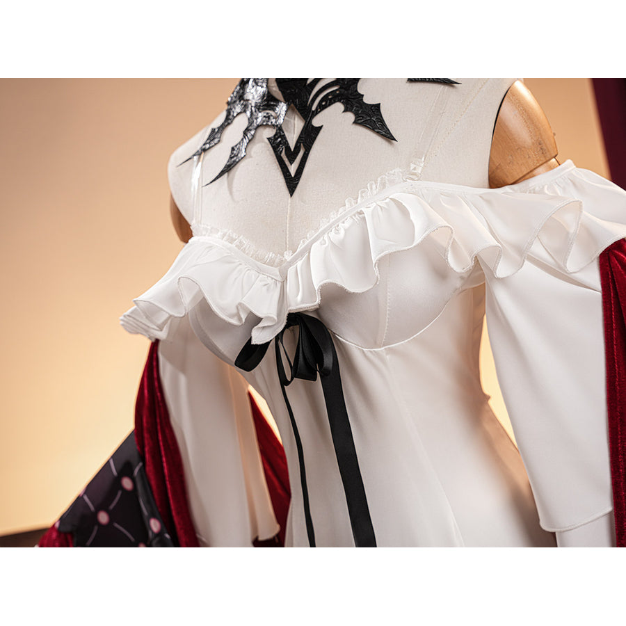 La Signora cosplay costume gathers ruffled white satin layers with a black neck accessory and draped red velvet shawls.