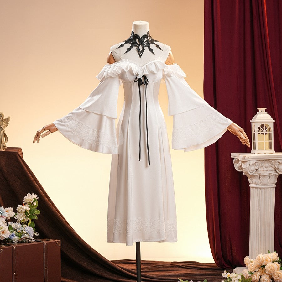 La Signora cosplay costume gathers black lace around the neckline above a flowing white acetate satin ruffled dress.