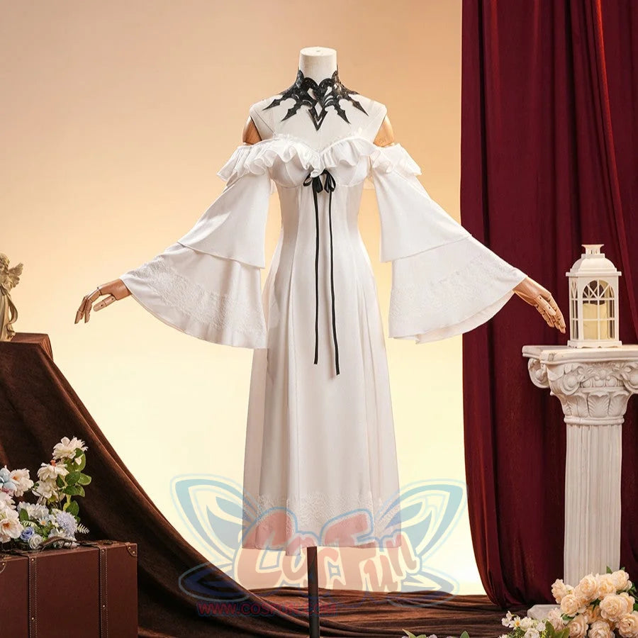 La Signora cosplay costume gathers black lace around the neckline above a flowing white acetate satin ruffled dress.