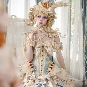 COSFUN front view of a cream Rococo lace bodice with detachable bow straps and cherry accents