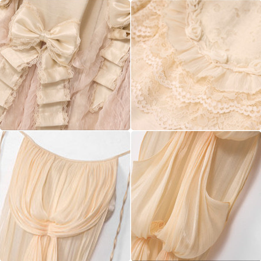 Detail collage of satin bows, lace trim, crinkled mesh, and train fabric
