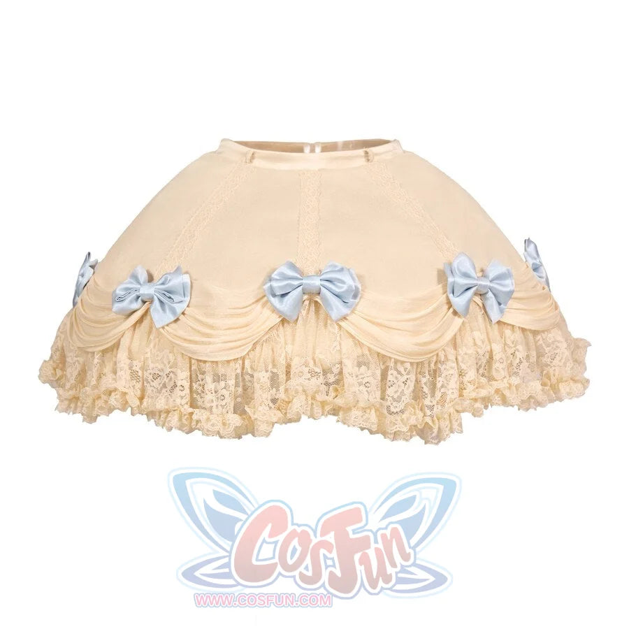 Flat lay of the Lace Bow Skirt item with blue bows and layered ruffle trim