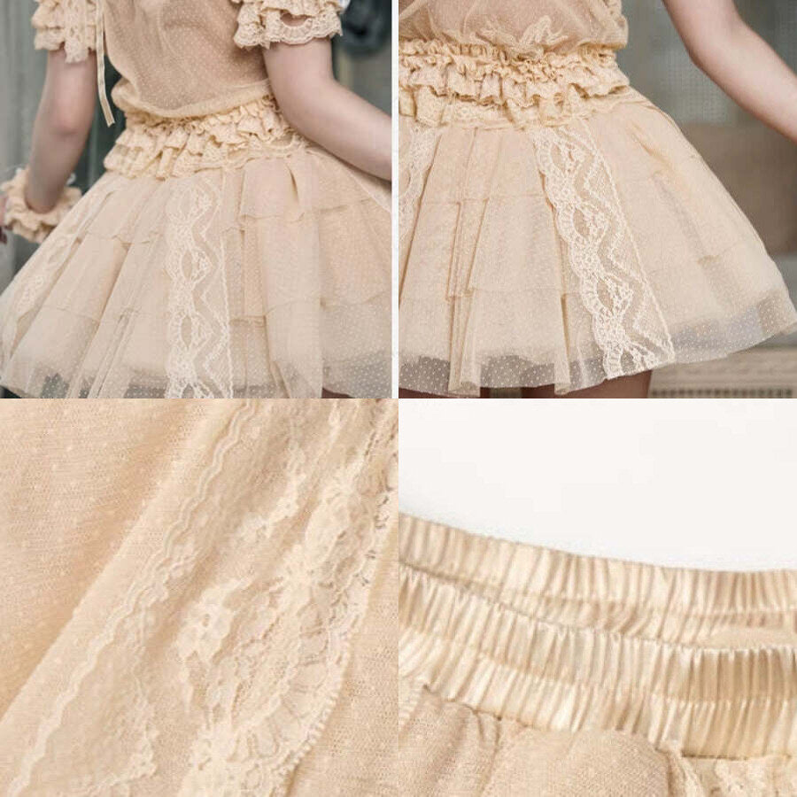Detail collage of the Lace Skort item showing lace panels, dotted mesh, elastic waist, and layered structure