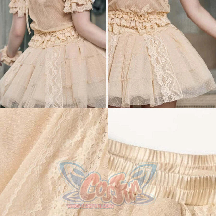 Detail collage of the Lace Skort item showing lace panels, dotted mesh, elastic waist, and layered structure