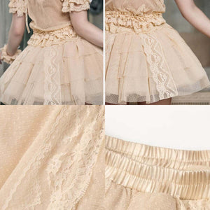 Detail collage showing lace panels, dotted mesh, elastic waist, and layered skort structure