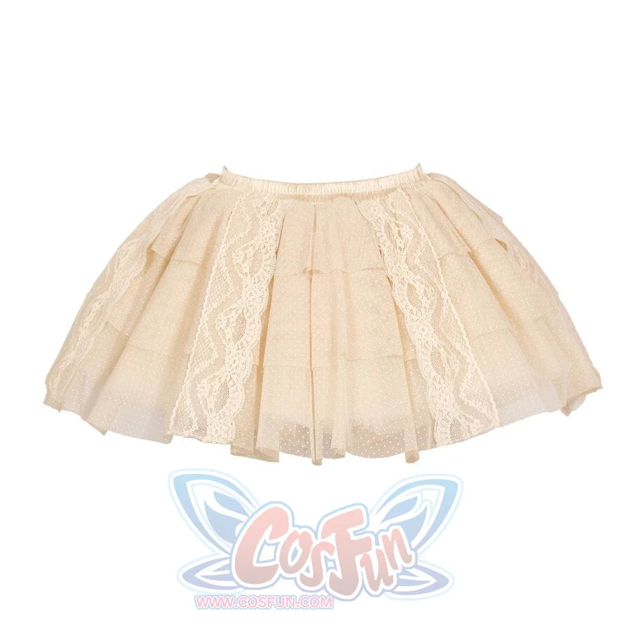 Flat lay of the Lace Skort item with dotted mesh layers and vertical lace panels