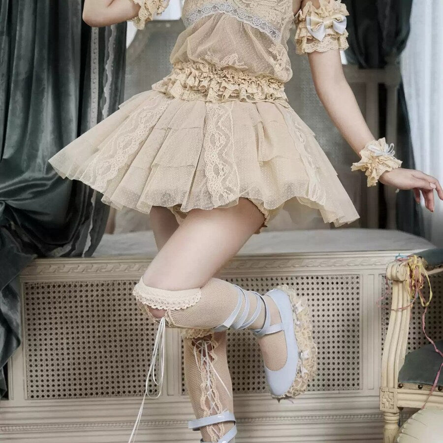 COSFUN centered main view of a cream Rococo lace skort with layered mesh and lace panels