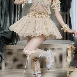 COSFUN centered main view of a cream Rococo lace skort with layered mesh and lace panels