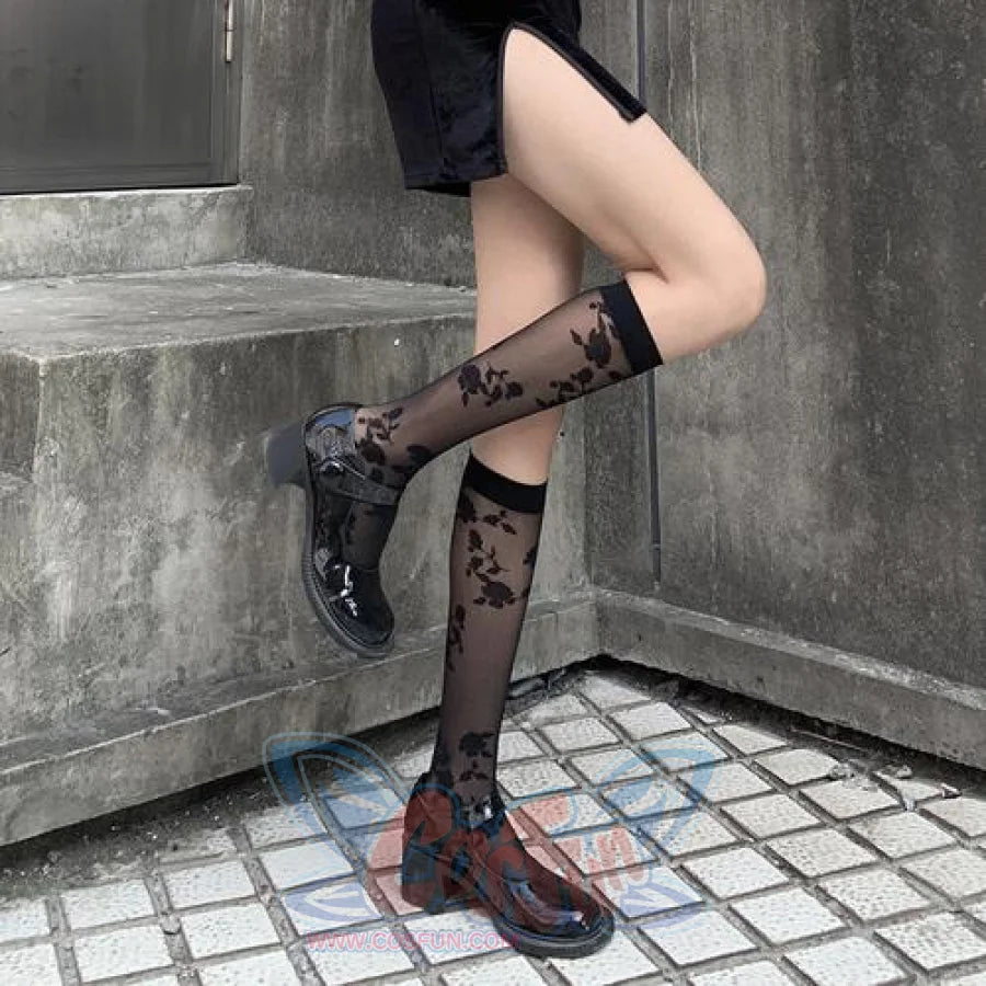 Lace Stockings Jk Socks Calf Length Black White Rose Silk / One Size Stockings&socks