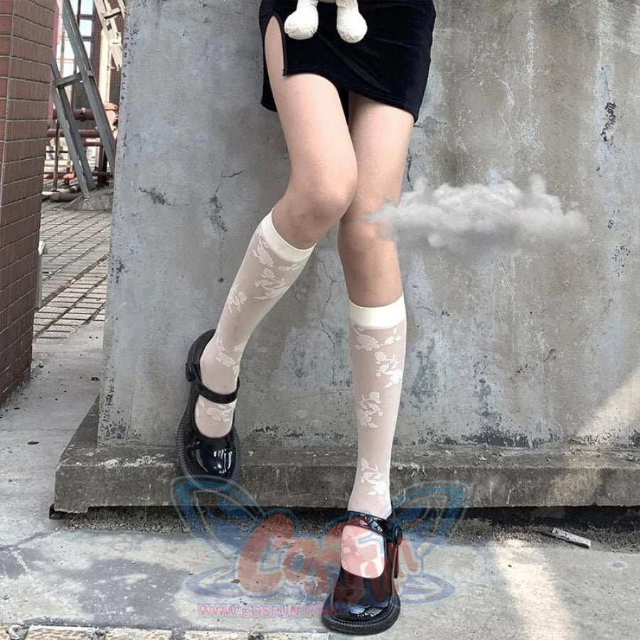 Lace Stockings Jk Socks Calf Length Black White Rose Silk Stockings&socks